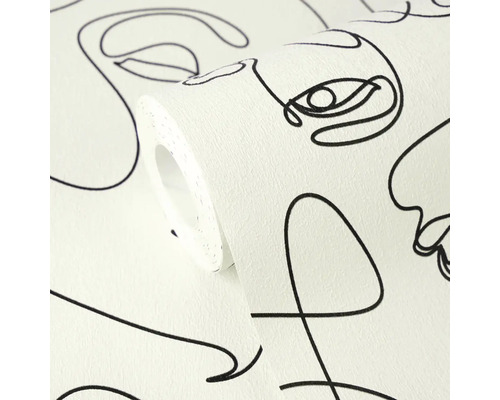 Vliestapete mit abstraktem Gesichter-Muster im Line-Art-Stil, strukturierte Oberfläche, Tapetenrolle.