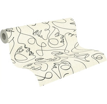 Vliestapete mit Line-Art-Muster aus schwarzen Gesichtern auf hellem Hintergrund, Tapetenrolle.