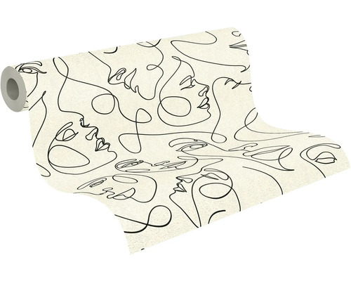 Vliestapete mit Line-Art-Muster aus schwarzen Gesichtern auf hellem Hintergrund, Tapetenrolle.