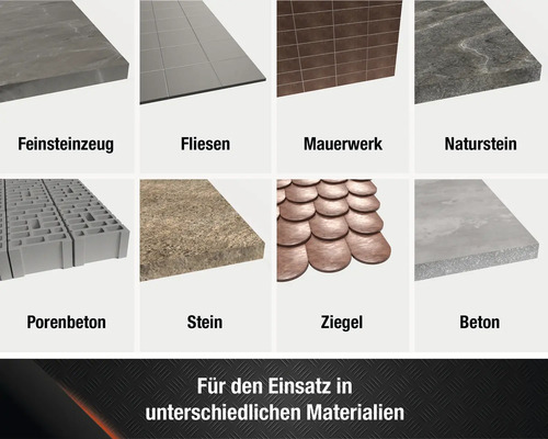 Übersicht verschiedener Baumaterialien wie Feinsteinzeug, Fliesen, Mauerwerk, Naturstein, Porenbeton, Stein, Ziegel und Beton