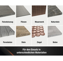 Übersicht verschiedener Baumaterialien: Feinsteinzeug, Fliesen, Mauerwerk, Naturstein, Porenbeton, Stein, Ziegel, Beton