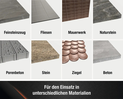 Übersicht verschiedener Baumaterialien: Feinsteinzeug, Fliesen, Mauerwerk, Naturstein, Porenbeton, Stein, Ziegel, Beton