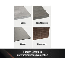 Übersicht verschiedener Materialien: Beton, Feinsteinzeug, Fliesen und Mauerwerk