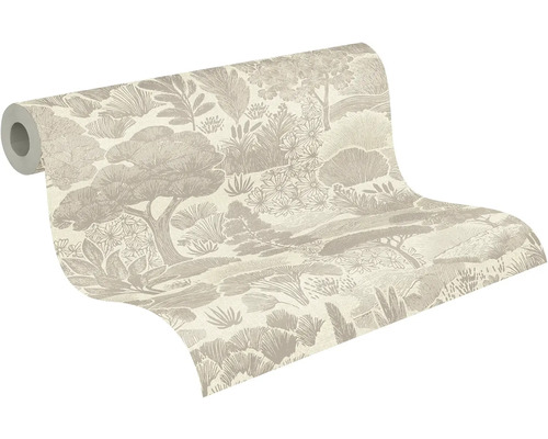 Teilweise abgerollte beige Tapete mit Waldmuster und botanischen Illustrationen von Bäumen und Pflanzen.