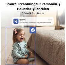 Sicherheitssystem mit Schreierkennung und Reolink Logo zeigt ein weinendes Kind.