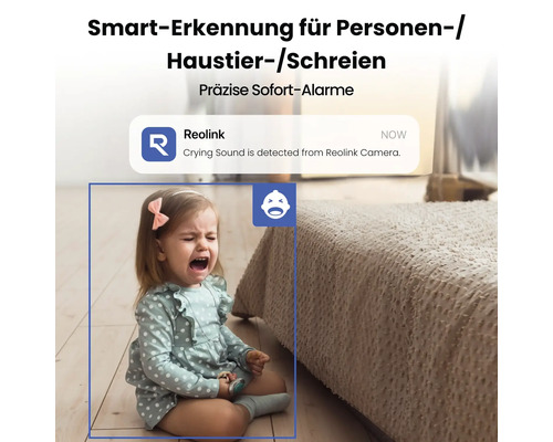 Sicherheitssystem mit Schreierkennung und Reolink Logo zeigt ein weinendes Kind.