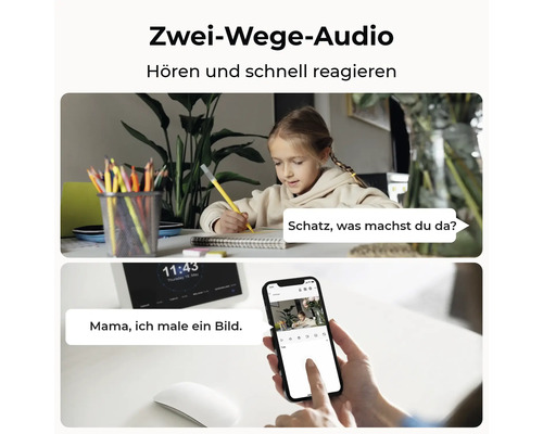 Szene mit Zwei-Wege-Audiofunktion: Mädchen malt Bild, während Elternteil über Smartphone-App kommuniziert.