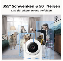 Überwachungskamera verfolgt eine spielende Familie im Wohnzimmer