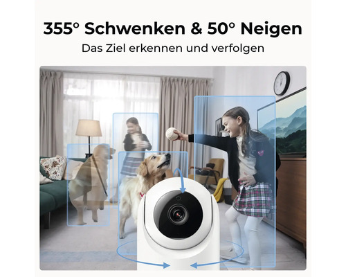 Überwachungskamera verfolgt eine spielende Familie im Wohnzimmer