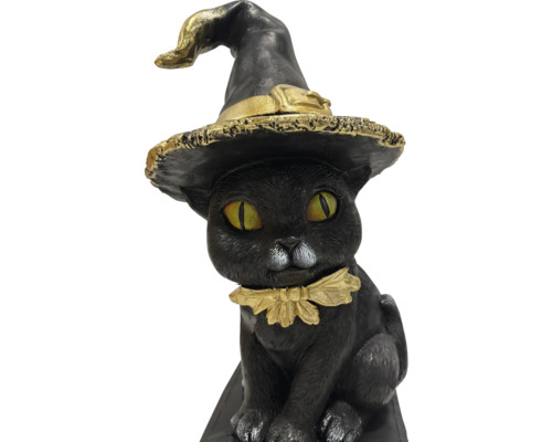 Dekorative schwarze Katzenfigur mit Hexenhut und Halsband als Halloween-Dekoration