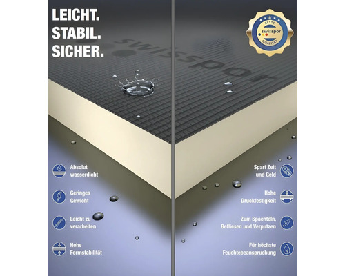 Swisspor Logo. Illustration einer Dämmplatte mit Eigenschaften wie Wasserdichtigkeit, geringes Gewicht, einfache Verarbeitung, hohe Formstabilität und Druckfestigkeit.
