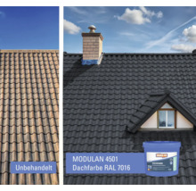 Vorher-Nachher-Vergleich eines Daches, unbehandelt und mit MODULAN 4501 Dachfarbe RAL 7016 behandelt