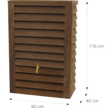 Wandregenspeicher in Holzoptik mit Zapfhahn, Maße 118 Zentimeter hoch, 80 Zentimeter breit und 40 Zentimeter tief.