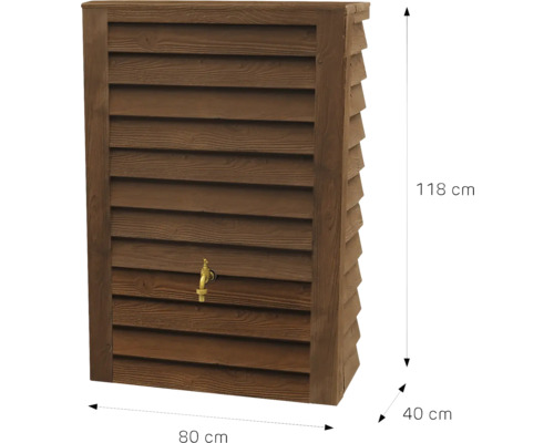 Wandregenspeicher in Holzoptik mit Zapfhahn, Maße 118 Zentimeter hoch, 80 Zentimeter breit und 40 Zentimeter tief.