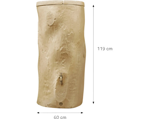 Regentonne in Baumstamm-Optik mit Auslaufhahn, Höhe einhundertneunzehn Zentimeter, Breite sechzig Zentimeter.