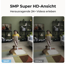 Vergleich von zwei Videoaufnahmen einer Überwachungskamera mit unterschiedlicher Auflösung in einem Wohnzimmer: links 5 MP, rechts andere Auflösung