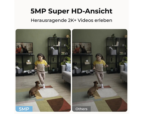 Vergleich von zwei Videoaufnahmen einer Überwachungskamera mit unterschiedlicher Auflösung in einem Wohnzimmer: links 5 MP, rechts andere Auflösung