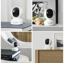 Mehrfachansicht einer Reolink Überwachungskamera auf verschiedenen Oberflächen im Innenbereich.