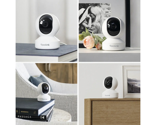 Mehrfachansicht einer Reolink Überwachungskamera auf verschiedenen Oberflächen im Innenbereich.
