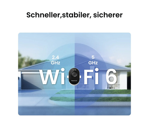 Reolink Überwachungskamera mit 2,4 GHz und 5 GHz WLAN 6 Verbindung vor einem Haus