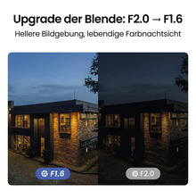 Vergleich von F2.0- und F1.6-Blendenöffnungen für eine hellere Nachtsichtaufnahme eines Hauses