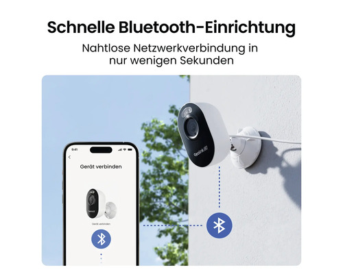 Außenkamera mit Smartphone verbunden zur schnellen Bluetooth Einrichtung.