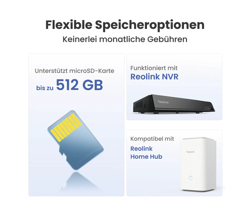 Flexible Speicheroptionen mit Unterstützung für MicroSD Karte bis zu 512 GB, Reolink NVR und Reolink Home Hub