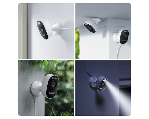 Collage von Überwachungskameras für den Innen- und Außenbereich, die an Wänden und Decken montiert sind