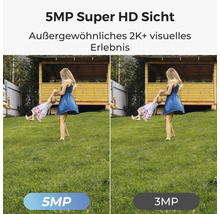 Bildqualitätsvergleich einer Überwachungskamera mit 5 Megapixel und 3 Megapixel Auflösung, die eine Mutter zeigt, die ihr Kind im Garten schwingt.