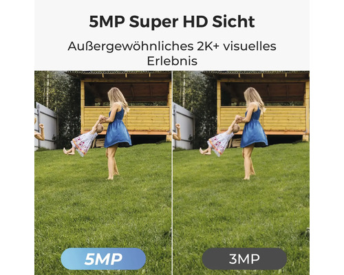 Bildqualitätsvergleich einer Überwachungskamera mit 5 Megapixel und 3 Megapixel Auflösung, die eine Mutter zeigt, die ihr Kind im Garten schwingt.