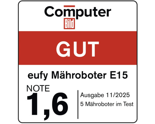 Computer Bild Gütesiegel: eufy Mähroboter E15, gut, Note 1,6, Ausgabe 11/2025