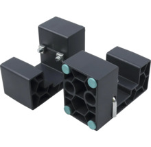 Zwei schwarze Kunststoff-Abstandshalter mit Wabenstruktur, Metallbolzen und Gleitern.