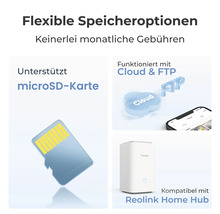 Flexible Speicheroptionen mit microSD-Karte, Cloud und Reolink Home Hub