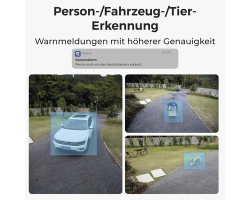 Personen-, Fahrzeug- und Tiererkennung mit Warnmeldungen durch eine Überwachungskamera.