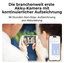 Personen betrachten eine Akku Kamera Überwachung auf ihren Mobiltelefonen.