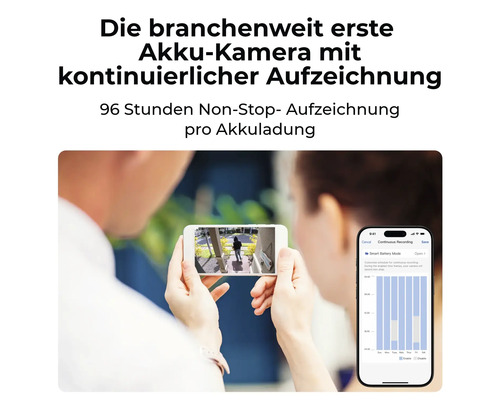 Personen betrachten eine Akku Kamera Überwachung auf ihren Mobiltelefonen.