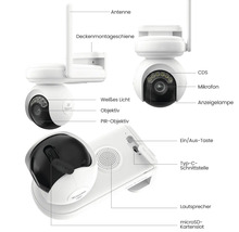 Drahtlose Überwachungskamera mit Antenne, Deckenmontageschiene, Mikrofon, Lautsprecher und microSD-Kartenslot.