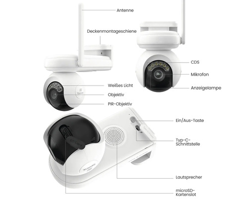 Drahtlose Überwachungskamera mit Antenne, Deckenmontageschiene, Mikrofon, Lautsprecher und microSD-Kartenslot.