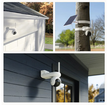 Drei Ansichten einer drahtlosen Überwachungskamera mit Antenne, die an einer Hauswand, einem Baum und einer Fassade montiert ist.