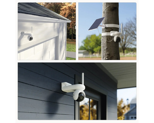 Drei Ansichten einer drahtlosen Überwachungskamera mit Antenne, die an einer Hauswand, einem Baum und einer Fassade montiert ist.