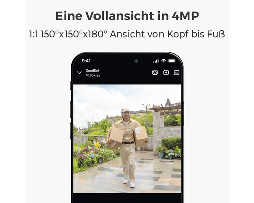 Smartphone-Display zeigt eine Person, die Pakete liefert, aufgenommen von einer Türklingelkamera.
