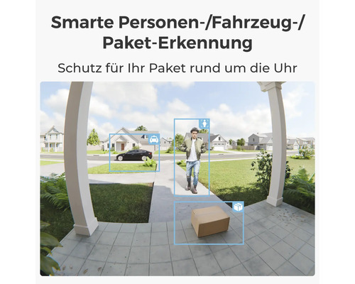 Smarte Personenerkennung, Fahrzeugerkennung und Paketerkennung im Außenbereich eines Hauses