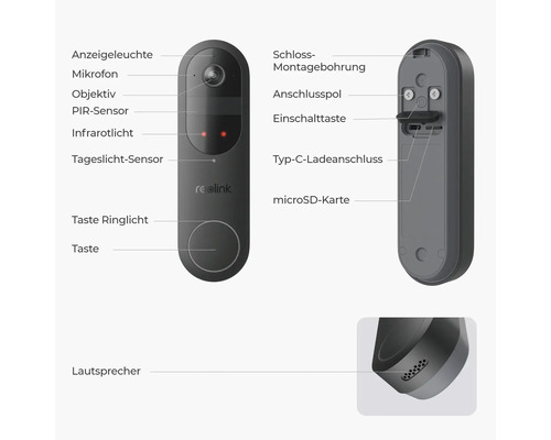 Reolink Video-Türklingel mit Anzeigeleuchte, Mikrofon, Objektiv, PIR Sensor, Infrarotlicht, Tageslichtsensor, Klingeltaste, Taste, Lautsprecher, Schloss Montagebohrung, Anschlusspol, Einschalttaste, Typ C Ladeanschluss und microSD Karte