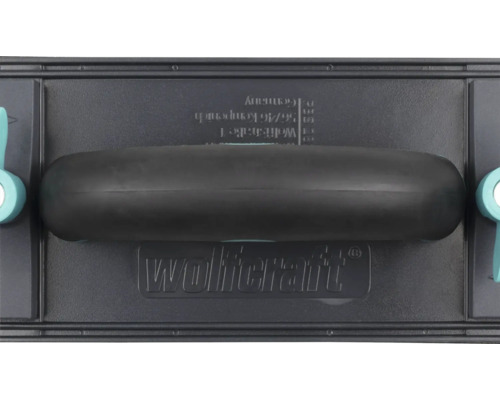 Wolfcraft Handschleifer mit Griff und seitlicher Klemmvorrichtung für Schleifpapier. Wolfcraft Logo.