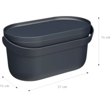 Anthrazitfarbene Aufbewahrungsbox aus Kunststoff mit Deckel, Maße 31 Zentimeter mal 16 Zentimeter mal 16 Zentimeter.