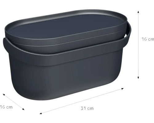Anthrazitfarbene Aufbewahrungsbox aus Kunststoff mit Deckel, Maße 31 Zentimeter mal 16 Zentimeter mal 16 Zentimeter.