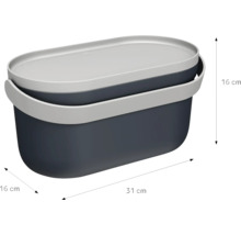 Ovale Aufbewahrungsbox aus Kunststoff mit Deckel, Abmessungen 31 Zentimeter mal 16 Zentimeter mal 16 Zentimeter.