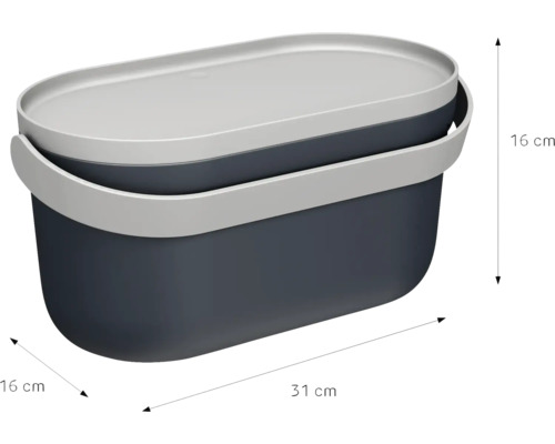 Ovale Aufbewahrungsbox aus Kunststoff mit Deckel, Abmessungen 31 Zentimeter mal 16 Zentimeter mal 16 Zentimeter.