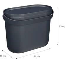 Dunkelgrauer ovaler Kunststoffeimer mit Abmessungen von 25 Zentimeter Höhe, 31 Zentimeter Länge und 16 Zentimeter Breite.