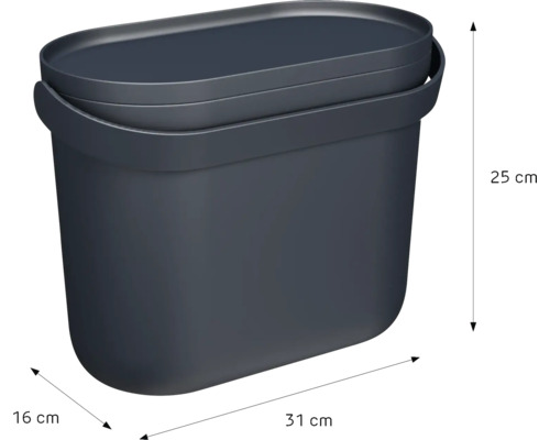 Dunkelgrauer ovaler Kunststoffeimer mit Abmessungen von 25 Zentimeter Höhe, 31 Zentimeter Länge und 16 Zentimeter Breite.